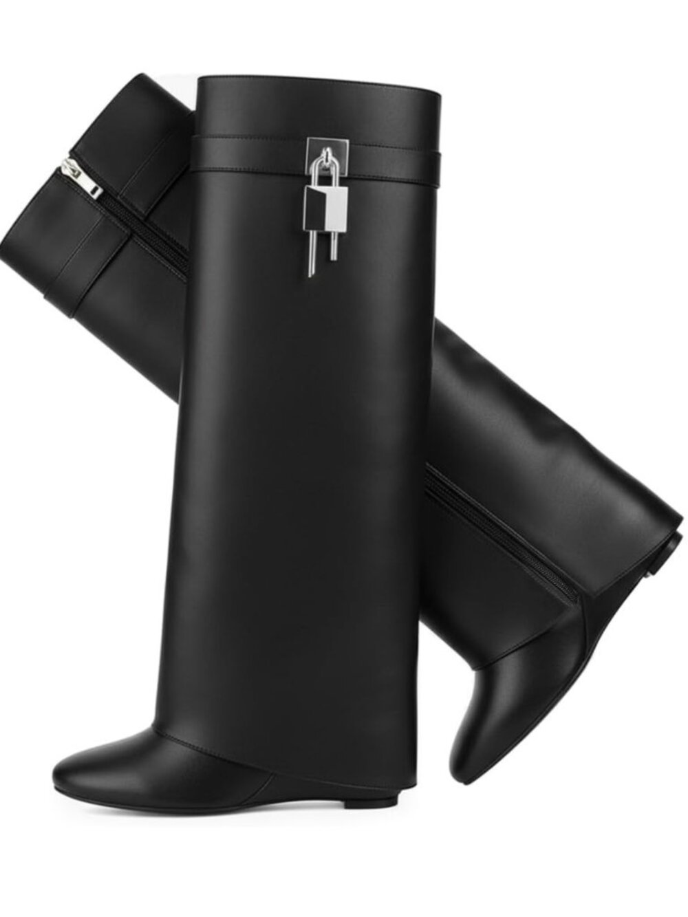 Women's Knee High Wedge Boots, Fold-Over Shark Boots